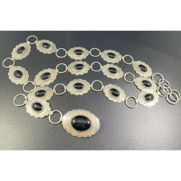 Native American Navajo JF Sterling Silver Black Onyx Belt Vtg Heavy Signed - Picture 5 of 12